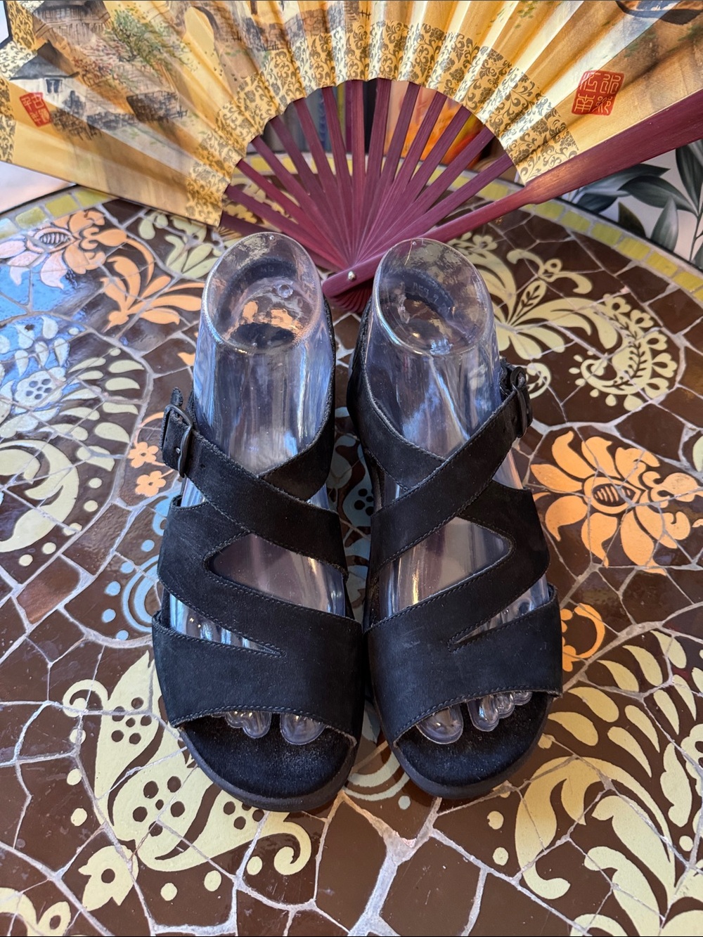 MEPHISTO Black Suede Crisscross Wedge Sandals Sz: 37EU/6.5 US